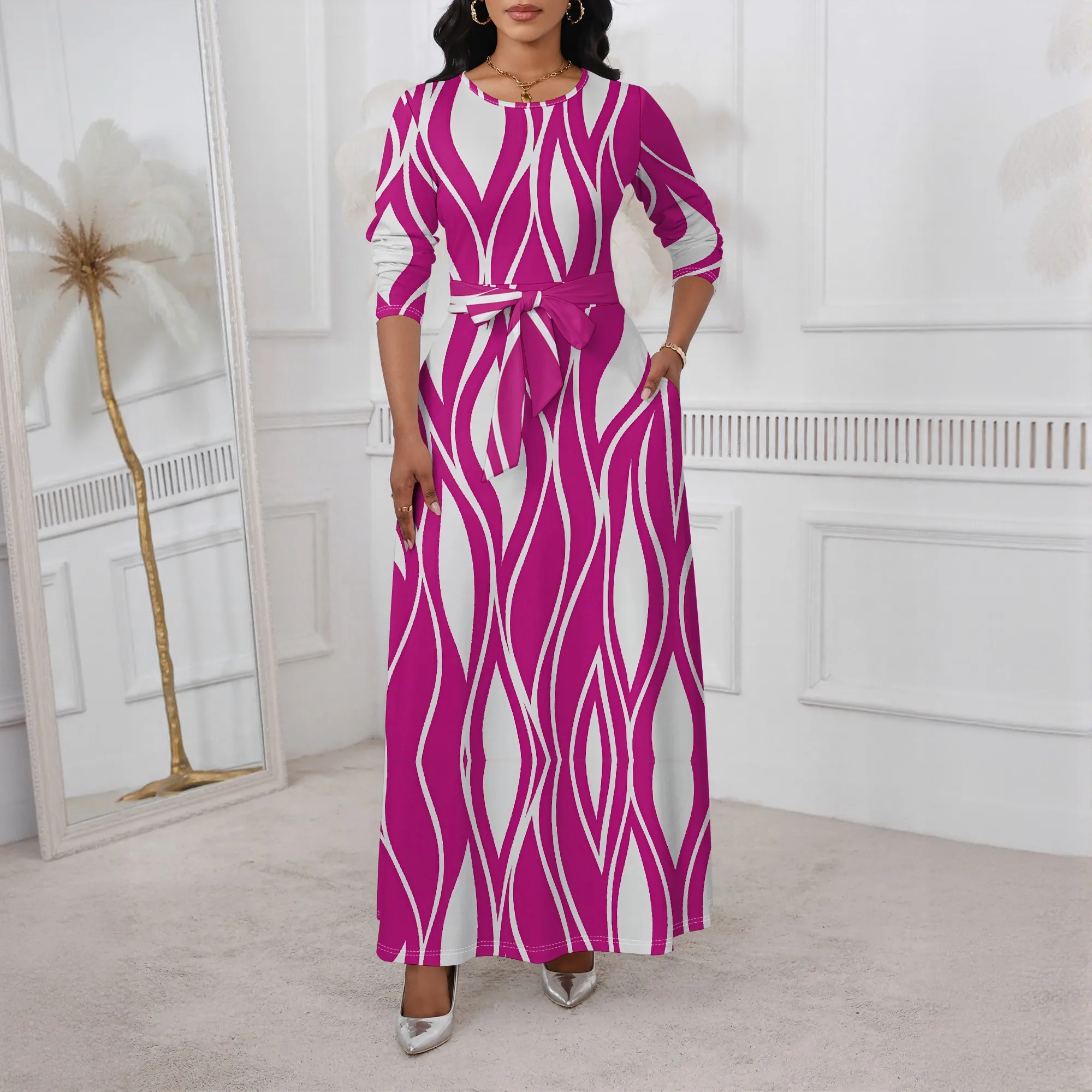 

Women's Pink Wave Stripe Maxi Dress 3/4 Sleeve Belted Long Dress Casual African Style Elegant Look XS-3XL 2025 Fashion
