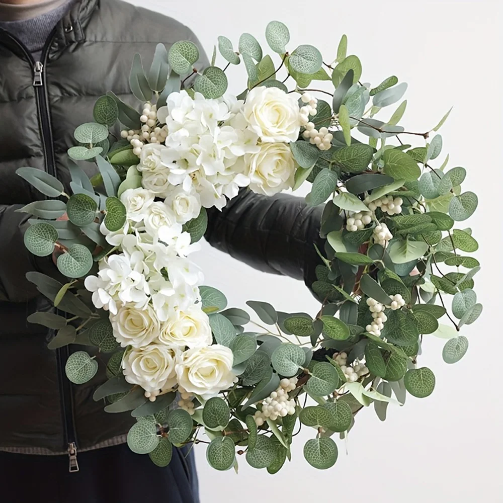 

Artificial Rose Door Wreath Hanging Faux Round Greenery Flower Plant Leaves Home Room Wall Art Cafe Porch House Decor Garland