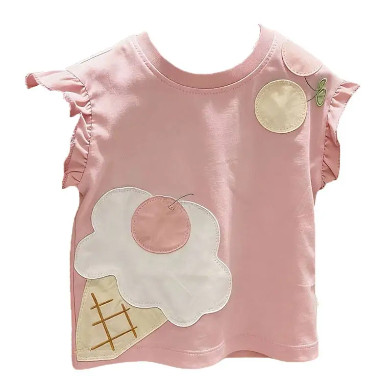 Girls Cotton Short Sleeve T Shirt Summer New Baby Girl Stylish Cartoon Patch Sweet Versatile Round Neck Top