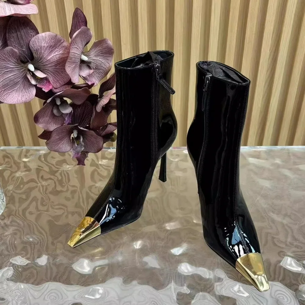 

FHC Women Ankle Boots,High Heeled Short Botas,Square Metal Toe Winter Shoes,Side Zipper,33-40,Black Matte Leather,Dropship