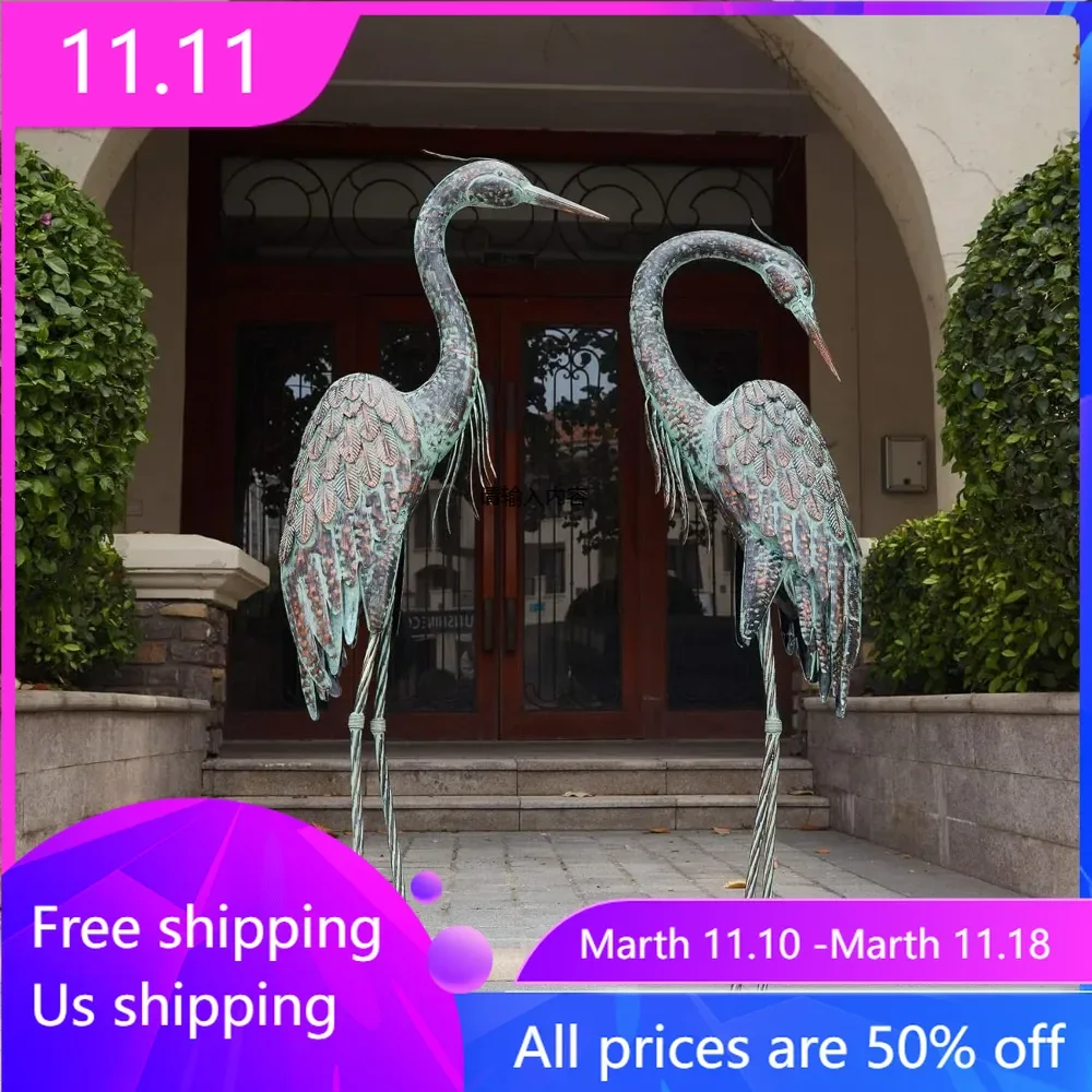 Standing Metal Patina Heron Decoy Outdoor Statue Decorative Statues & Figurines Garden Crane Statues Decoration At Home Set of 2