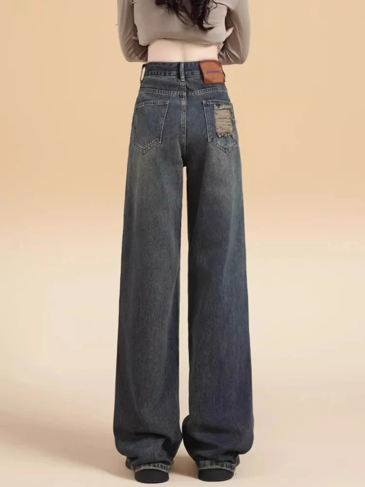 ارتفاع الخصر واسعة الساق الجينز المرأة فضفاضة تناسب المسيل للدموع تصميم مستقيم قطع الجينز الرجعية Sle لباس غير رسمي نسيج عالي الجودة #3