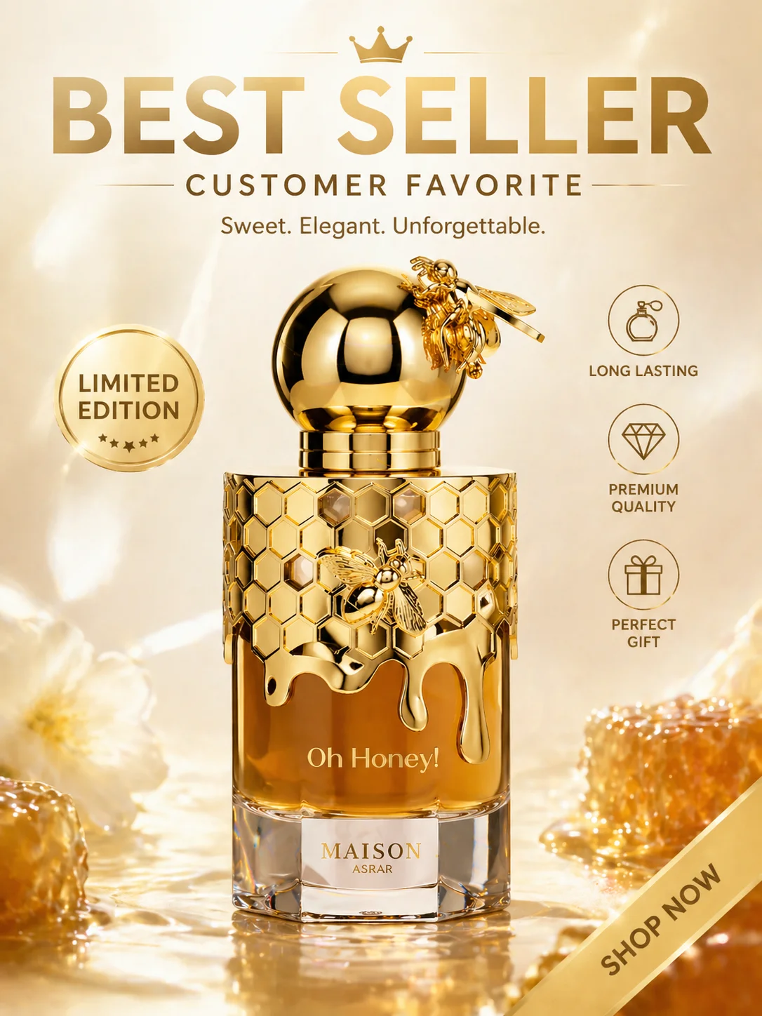 

Luxurious Golden Bee Honey Perfume High Appeal Summer Nectar Scent for Elegant White Floral Fragrance Graduation Birthday Gift Wedding Anniversary Summer Travel Sweet Honey Vanilla Jasmine Orange Blossom Musk Long Lasting Luxury Perfume for Women Men Dail