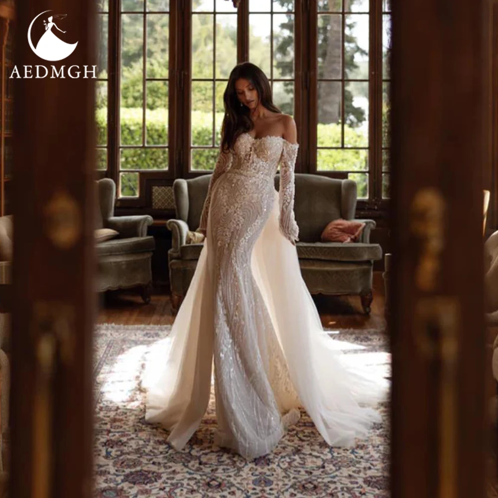 Aedmgh sirène robes De mariée Sexy hors De l'épaule robe De Novia dentelle perlée détachable Train sur mesure robes De mariée