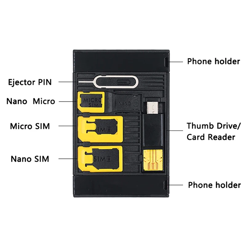 Black 5 in 1 Universal Mini SIM Card Adapter Storage Case Kits For Nano Micro SIM Card Memory Card Holder Reader Cover Connector