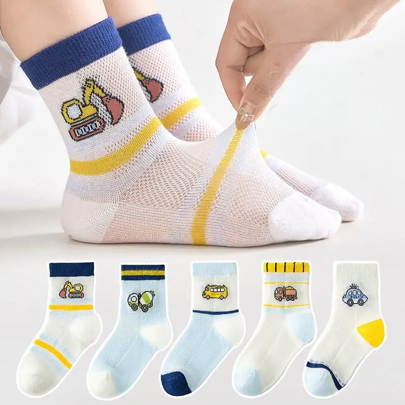 

5 пар детских носков для мальчиков, весенне-летние, легкие, сетчатые, дышащие, впитывающие пот, с мультяшным рисунком