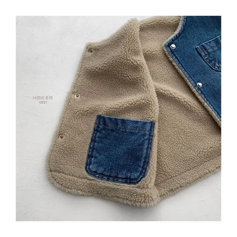 

Baby Girls Boys Demin Sleeveless Vest Kids Double Sided Waistcoat Toddler Outerwear 2024 Autumn Winter Children Clothing Casual