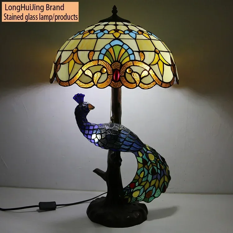 Longhuijing Elegant Baroque 16" Tiffany Style Stained Glass Table Lamp with Peacock Base