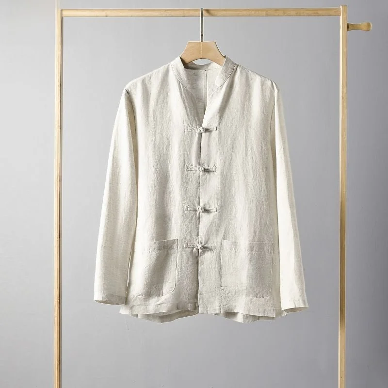 

Spring 2023 Men's Thin Pure Color Linen Casual irt Loose Long Sve Stand Collar Traditional Chinese Sle M Clothing