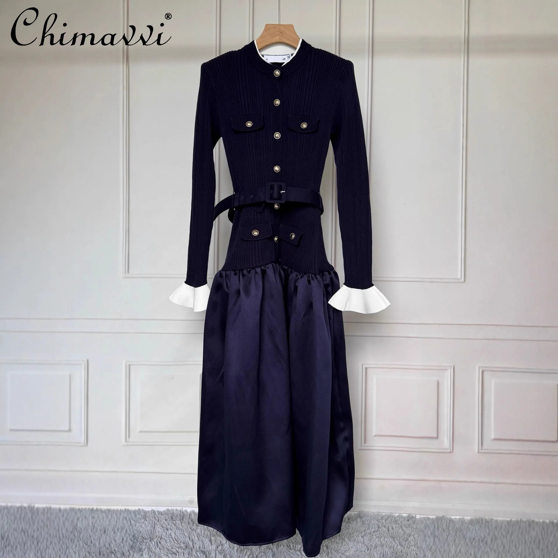 

Autumn Winter New French Fashion Long Sleeve Dress High-end Elegant Socialite Navy Blue Knitted Patchwork Satin Gown Dress Women