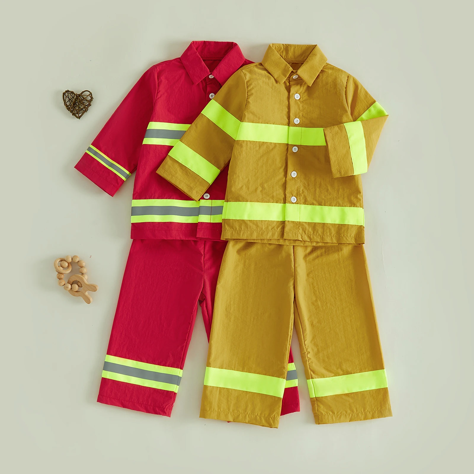 1-7y Kids Firefighter Costume Reflective Stripes Design Button Down Collared Long Sleeve Shirt Pants 2 Pcs Fall Children's Sets