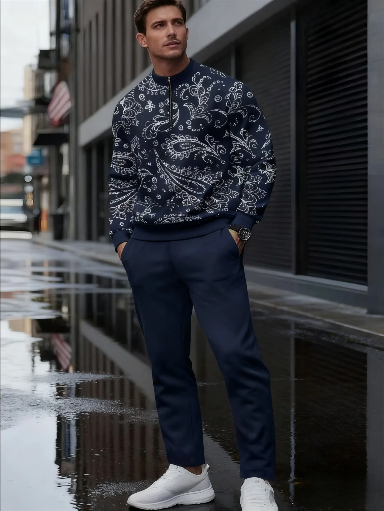 Set da 2 pezzi, top sportivo a maniche lunghe e pantaloni lunghi da uomo europei e americani alla moda