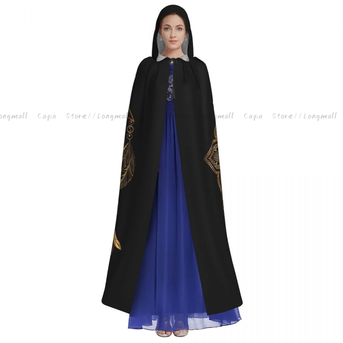 Adult Vampire Cape Hooded Robe Boho Golden Crescent Moon And Sun Halloween Cloak Full Length Cosplay