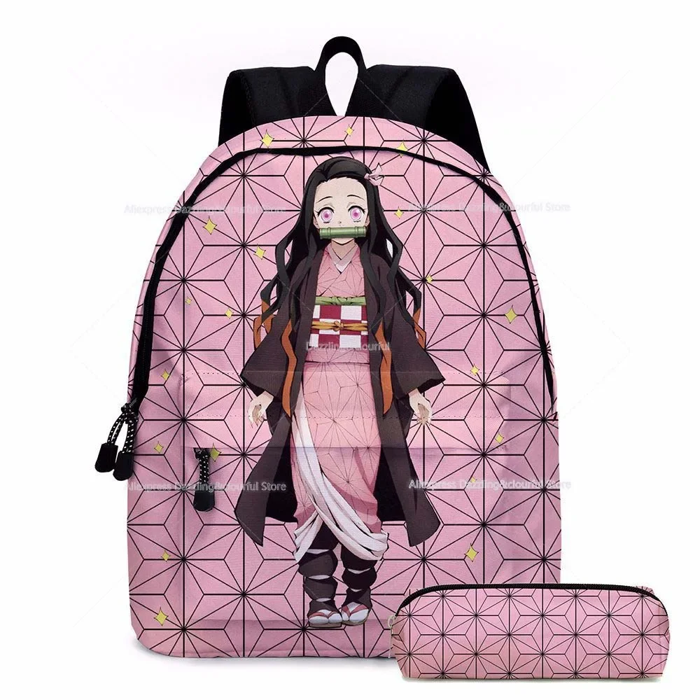 Demon Slayer Nezuko Backpacks 2pcs Girls School Bags Kimetsu No Yaiba Kids Anime Bagpacks Female Male Bookbag Gifts