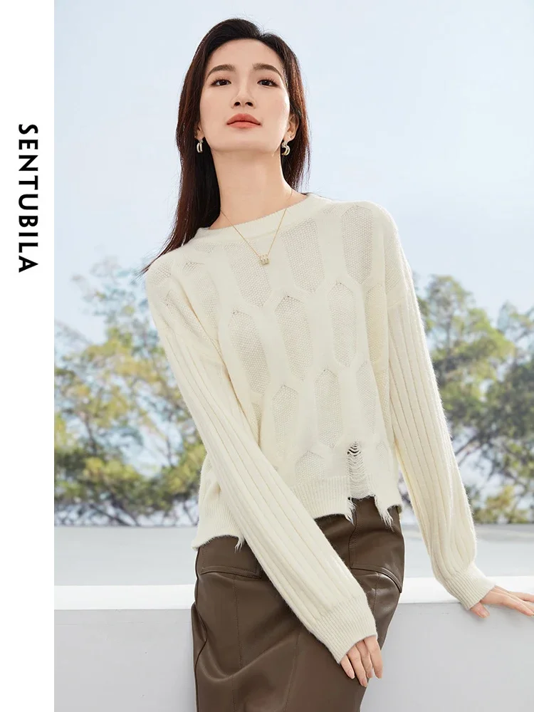 SENTUBILA Geometric Cut Out Soft Knitted Sweater O-neck Straight Warm Knit Pullover 2024 Spring Knitwear Jumper Woman W44E58457X