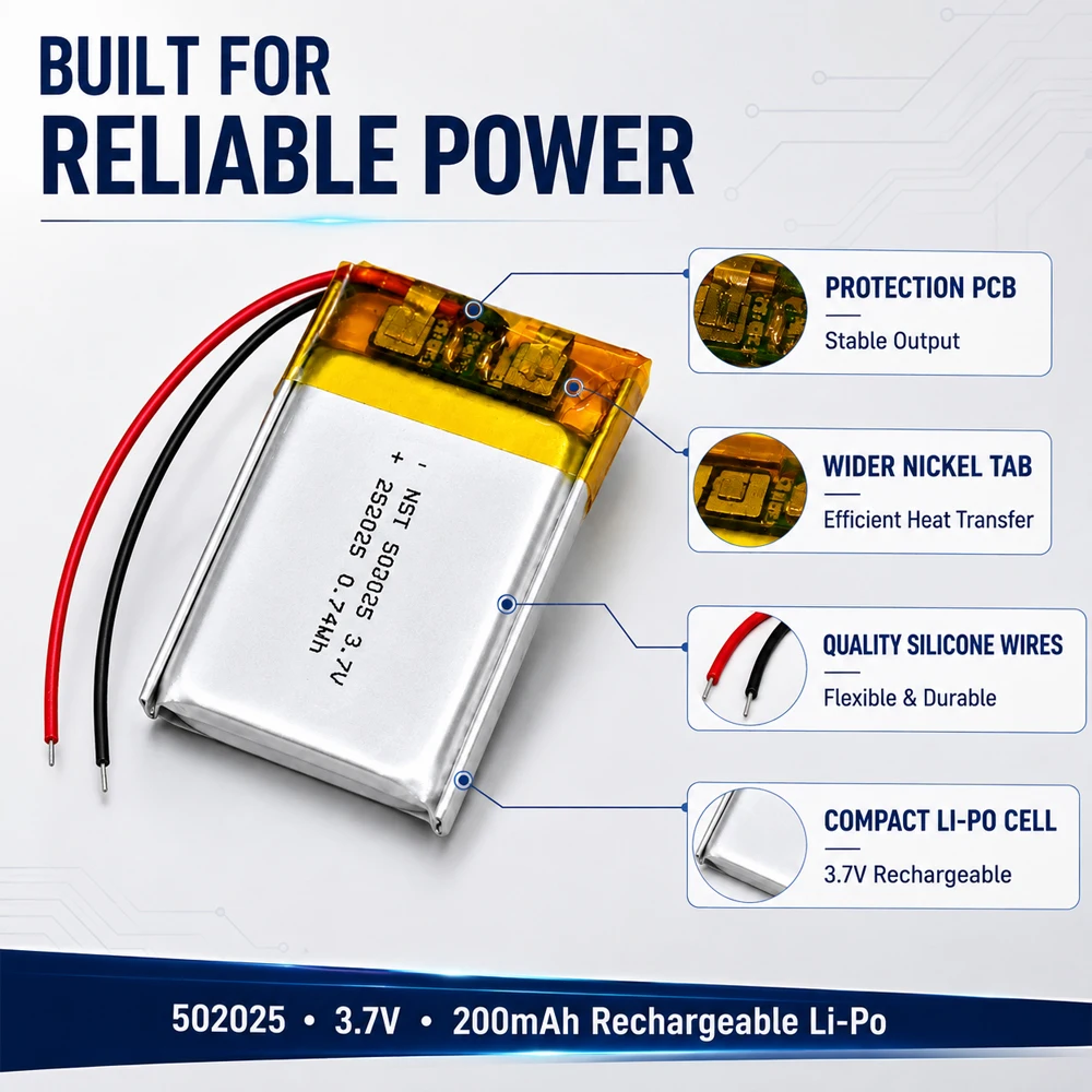 502025 Bateria LiPo 3.7V 200mAh, ładowalna bateria litowo-polimerowa, zamiennik do słuchawek Bluetooth i lokalizatora GPS — zdjęcie produktu 6