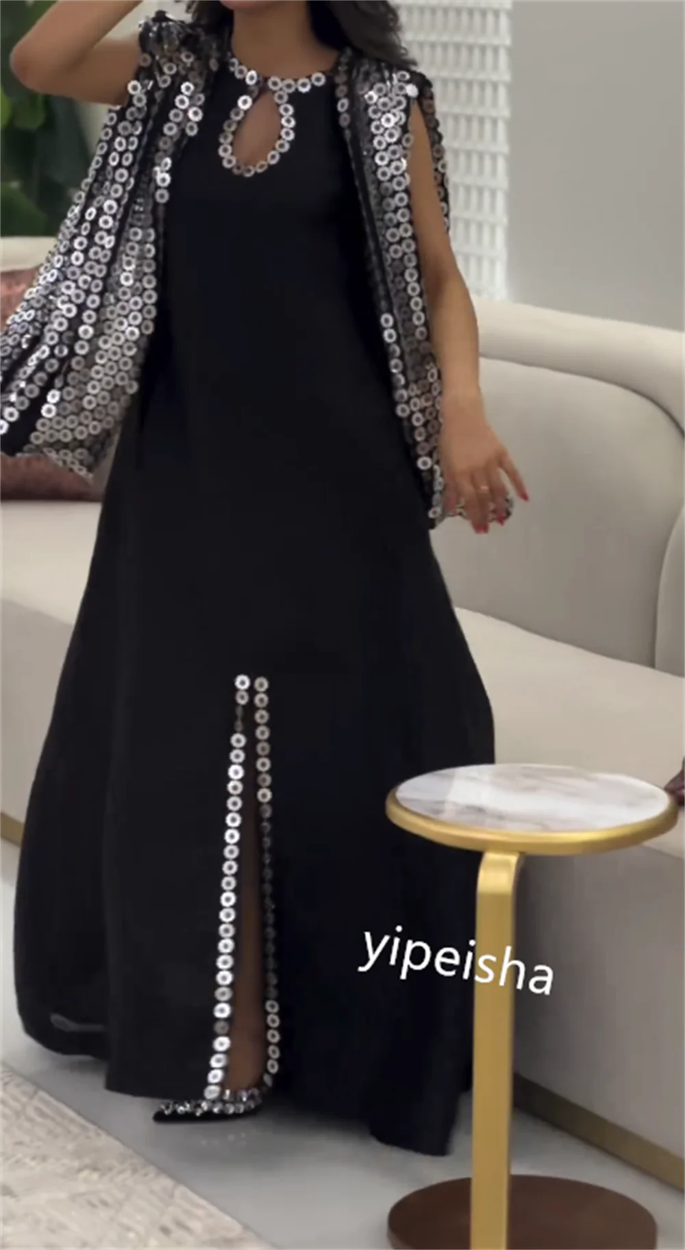 Jiayigong  Jersey Sequined Engagement Straight Scoop Neck Bespoke Occasion Gown Midi Dresses Saudi Arabia