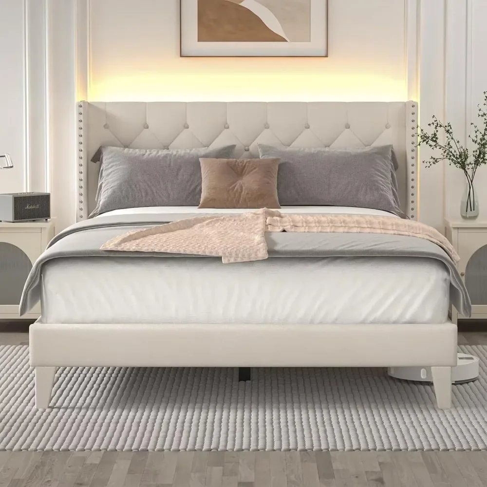 

Queen Size Bed Frame with LED Lights, Wingback Diamond Tufted Headboard, Wood Slats Support, Upholstered Bed Frame