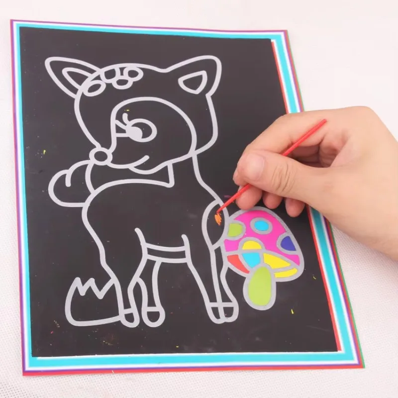 10Pcs Scratch Art Paper Magic Painting Paper With Drawing Stick For School Stationery Gift Pack Party Favors