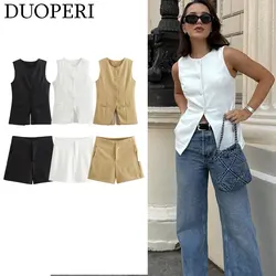 DUOPERI Women Fashion 2 Pieces Sets Solid O-Neck Vest High Waist Shorts Female Chic Lady Basic Waistcoat Shorts Coordinates