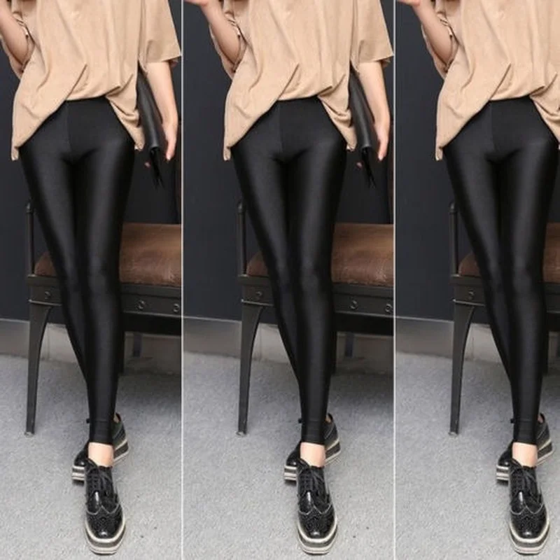 Women Fashion Casual Skinny Pants Shiny Leather Front and Back V-waist Leggings Leather Trousers Leggings Women Pants Women