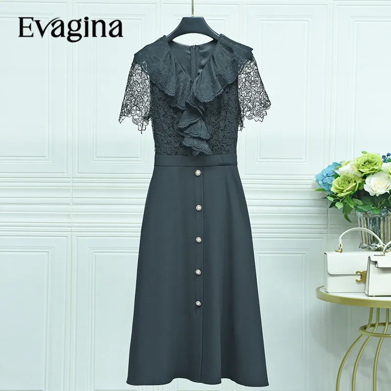 Evagina Hollow Out Embroidery Patchwork Waist Up Knee Length dress Spring Summer Women's New Short Sleeve V-Neck Banquet Dresses