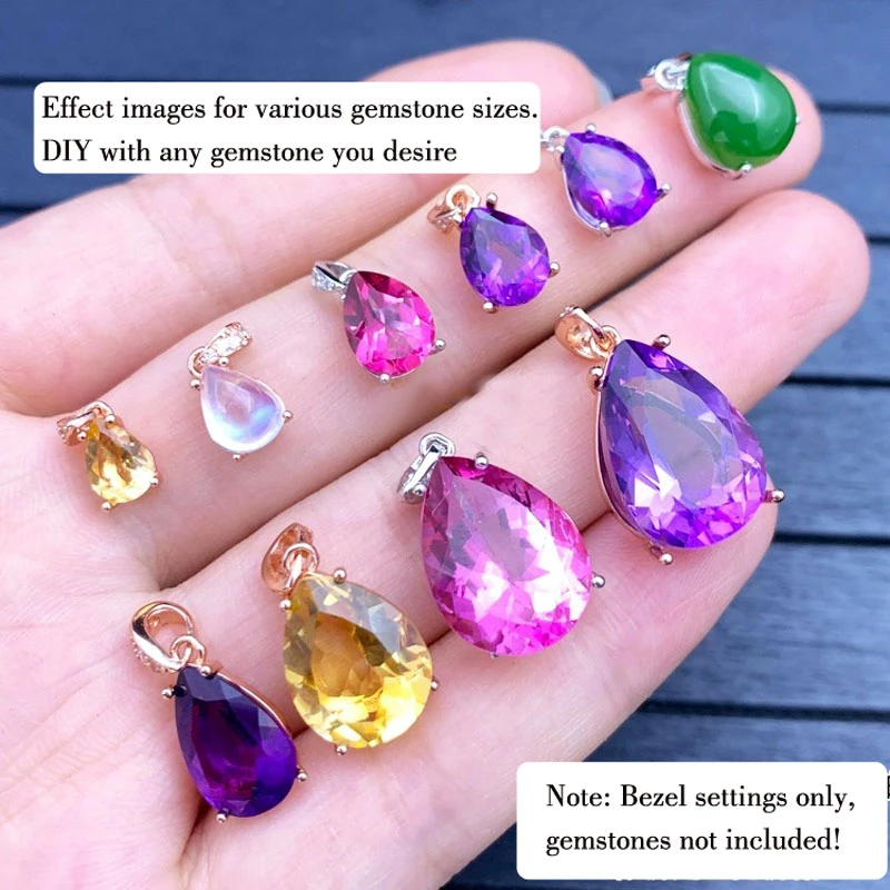 1Pc Multiple Size Prong Bezel Settings Tear Drop Shape Gems Facted CZ Stone Solid 925 Sterling Silver DIY Pendant Charm