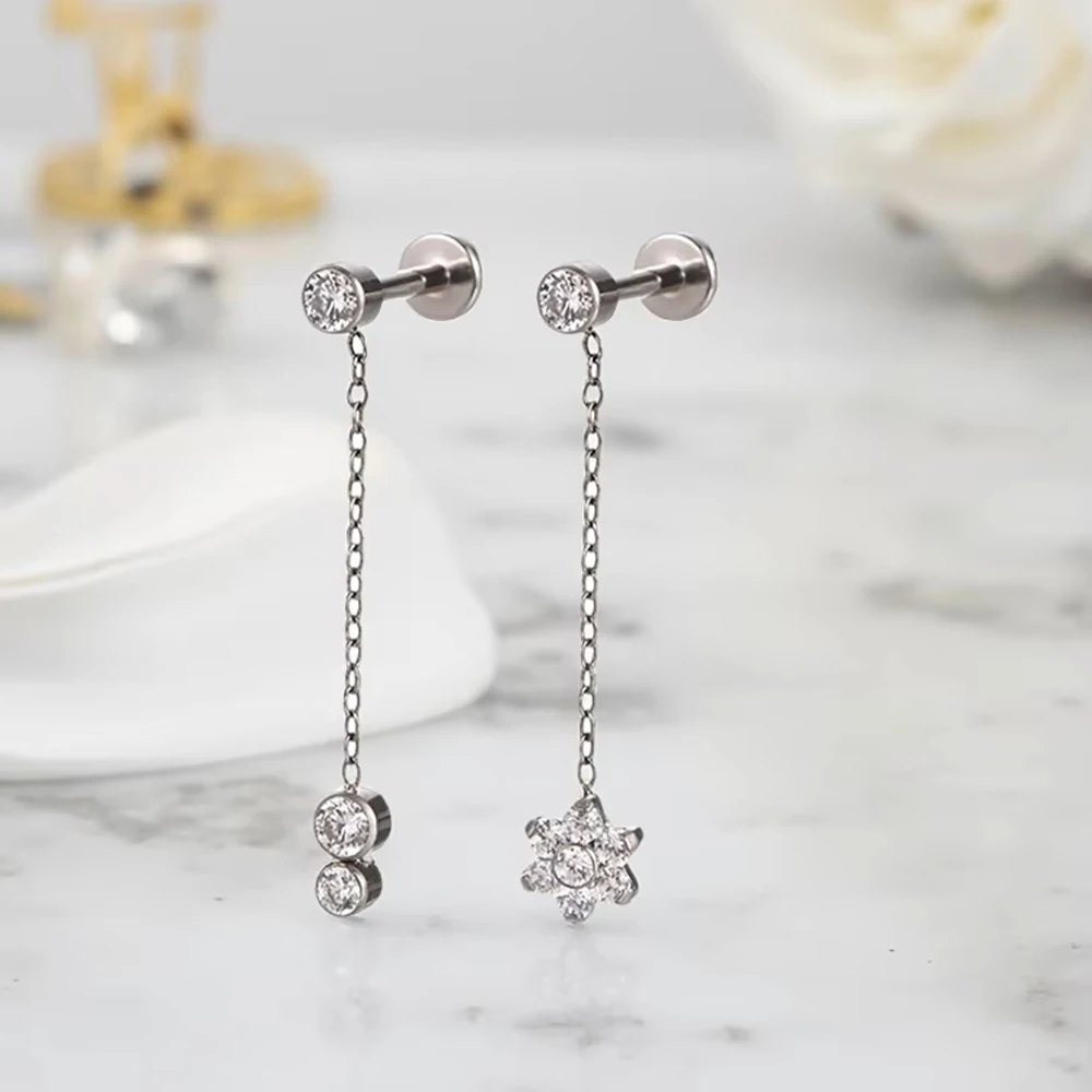 ASTM F136 Titanium Flower and Disc Dangling Earrings Internal Thread Body Piercing Jewelry