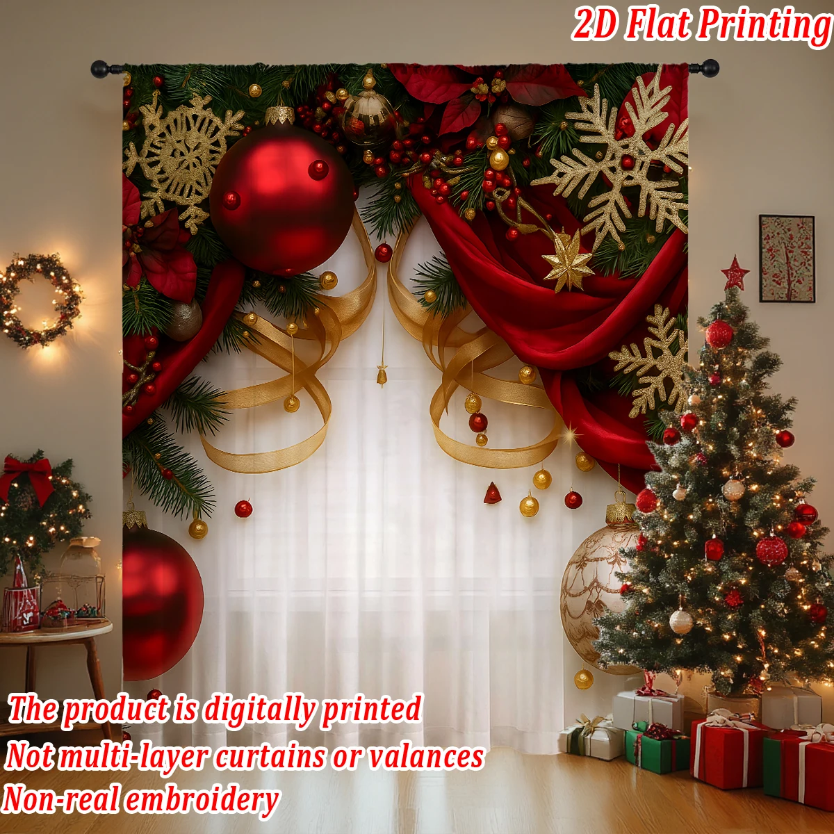 Cortina transparente con estampado plano de Navidad con bola navideña, cinta de copo de nieve, baya para decoración de sala de estar y dormitorio, fiesta navideña