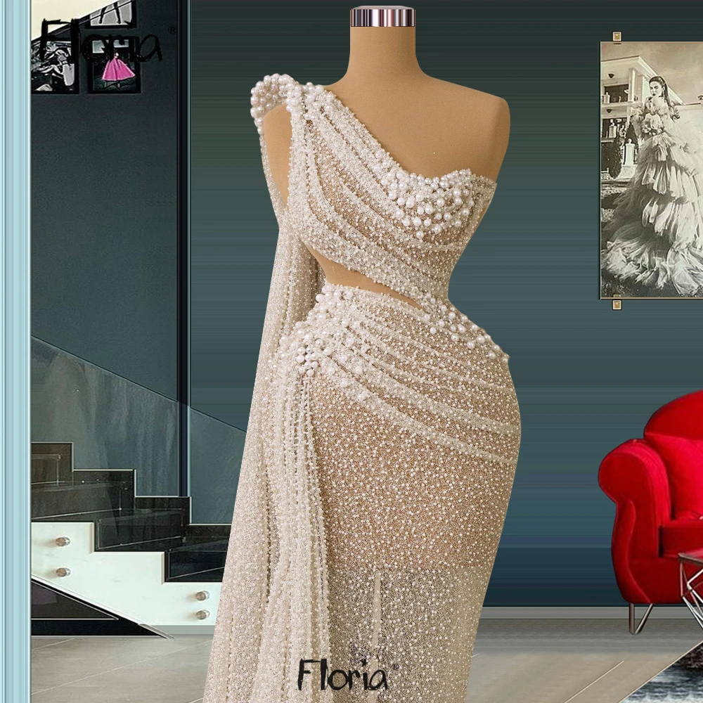 Elegant Beige Pearls Evening Dress Long Cape Sleeve One Shoulder Illusion Wedding Party Gowns Dubai Formal Dress вечернее платье