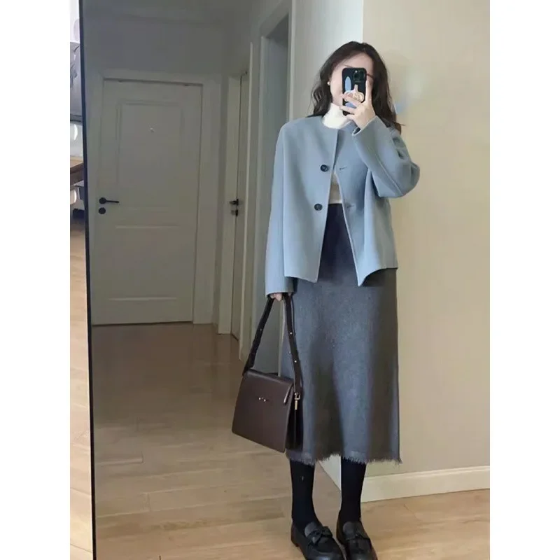 Blue Xiaoxiangfeng woolen jacket women's spring and autumn 2024 new popular design sense gentle wind unique chic top