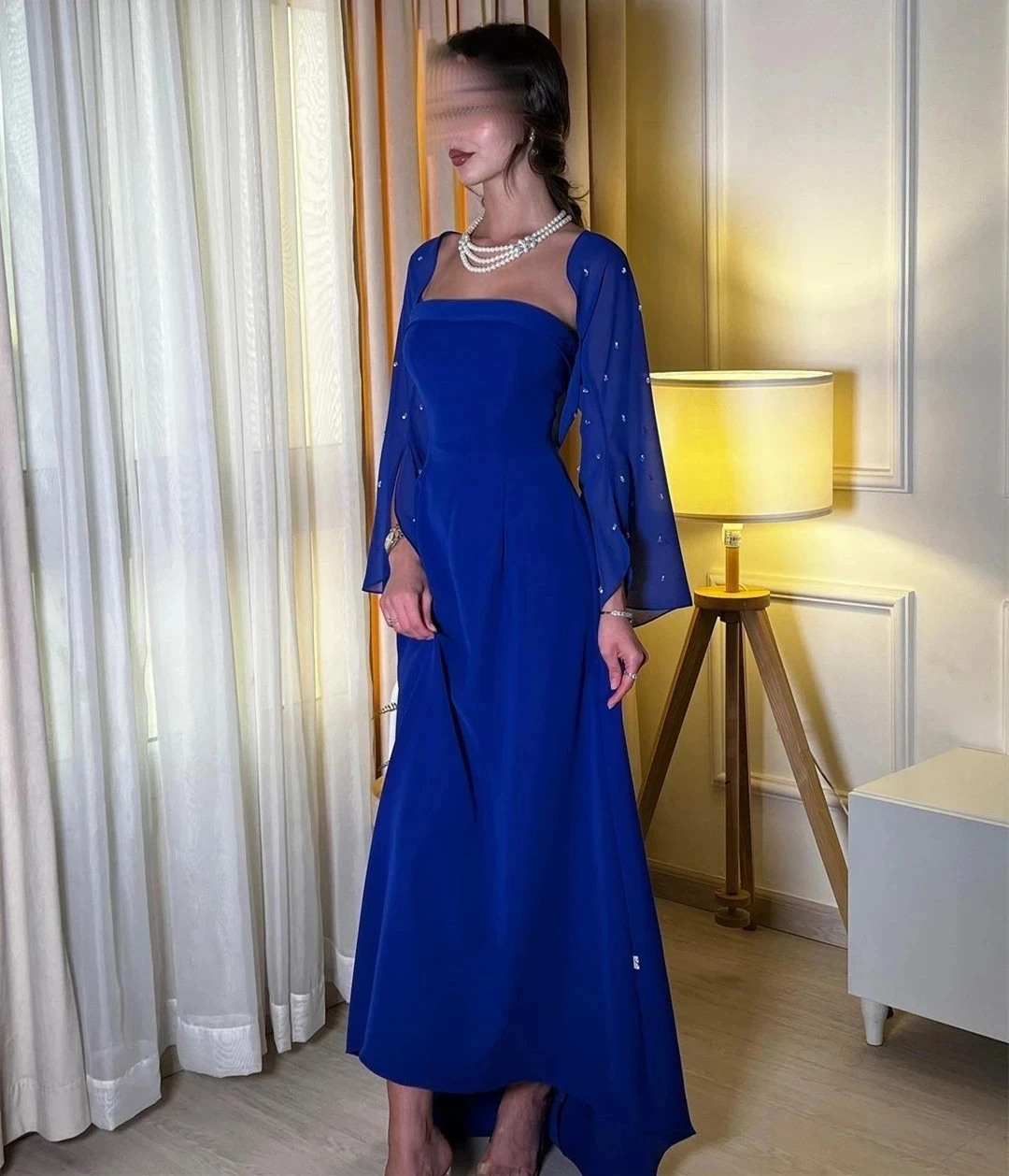 ROYAL BLUE PROM Dresses อย่างเป็นทางการผู้หญิงชุดราตรีลูกปัดแขนยาวเสื้อชีฟองที่กําหนดเอง 2025Robe De Soirée