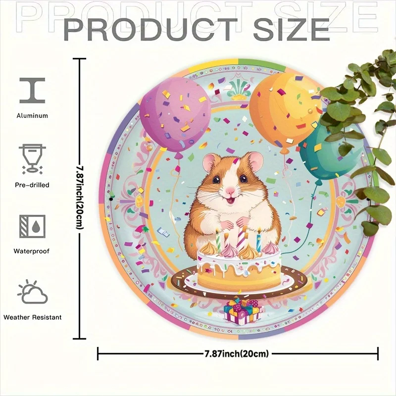 Cute Hamster Birthday Cake Balloon Pattern 2D Round Tin Sign, Colorful Pet Animal Metal Plaque, Kids Room Nursery Wall Hanging D