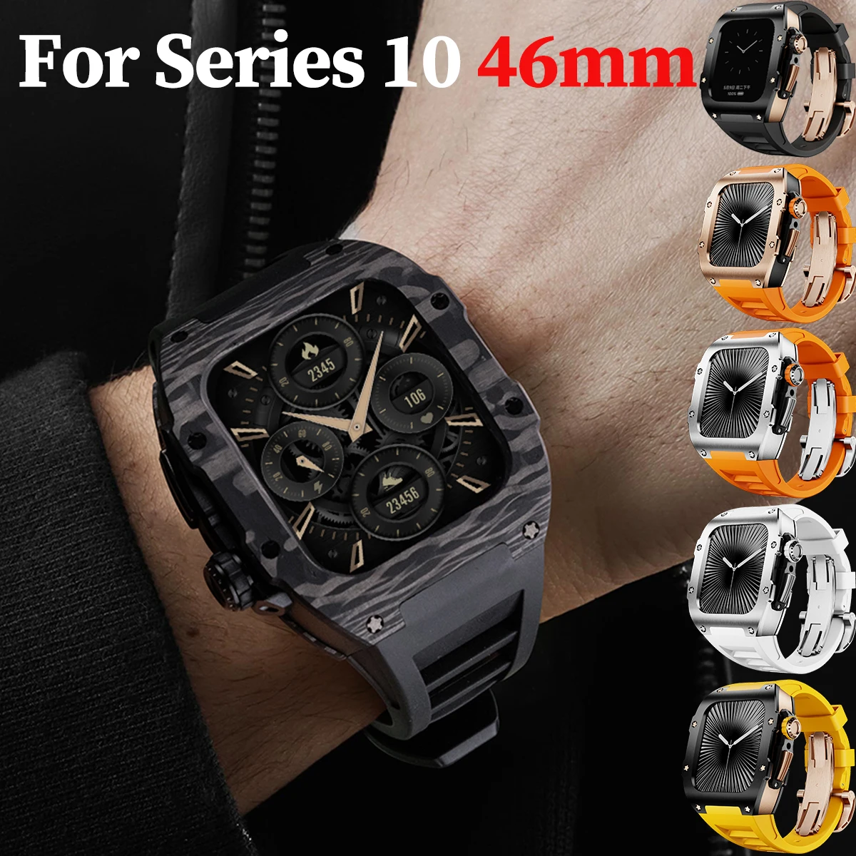 

NEW For Apple Watch series 10 46mm, Stainless steel Protector Case Luxury Modification Kit, Fashion Silicone strap for iWatch