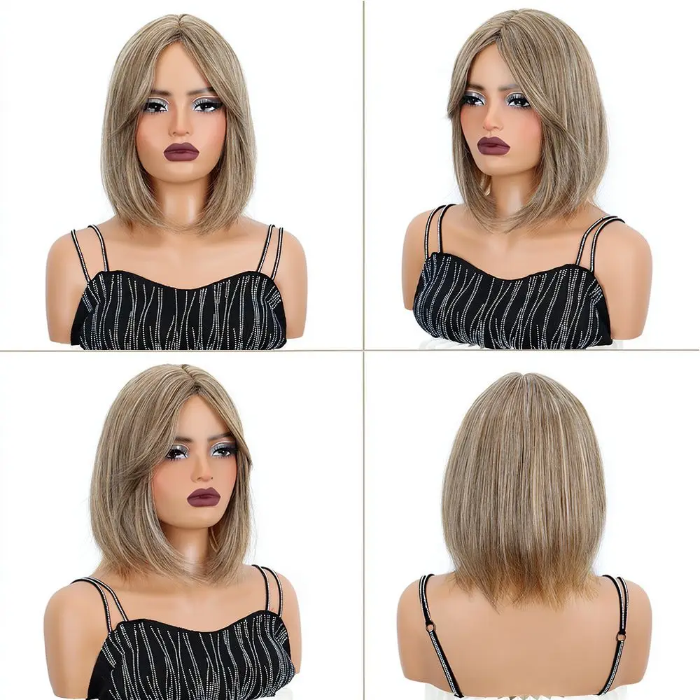 Middle Part Bob Wig Synthetic Short Hair Clavicle Length Natural Looking For Women Party Daily Wear Heat Resistant Fiber