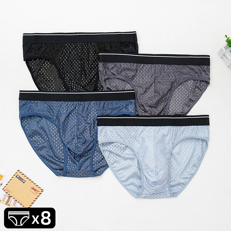 

Новые летние мужские трусы из ледяного шелка и сетки, 8 шт./лот, сексуальное тонкое дышащее спортивное белье, боксеры, размеры L-5XL