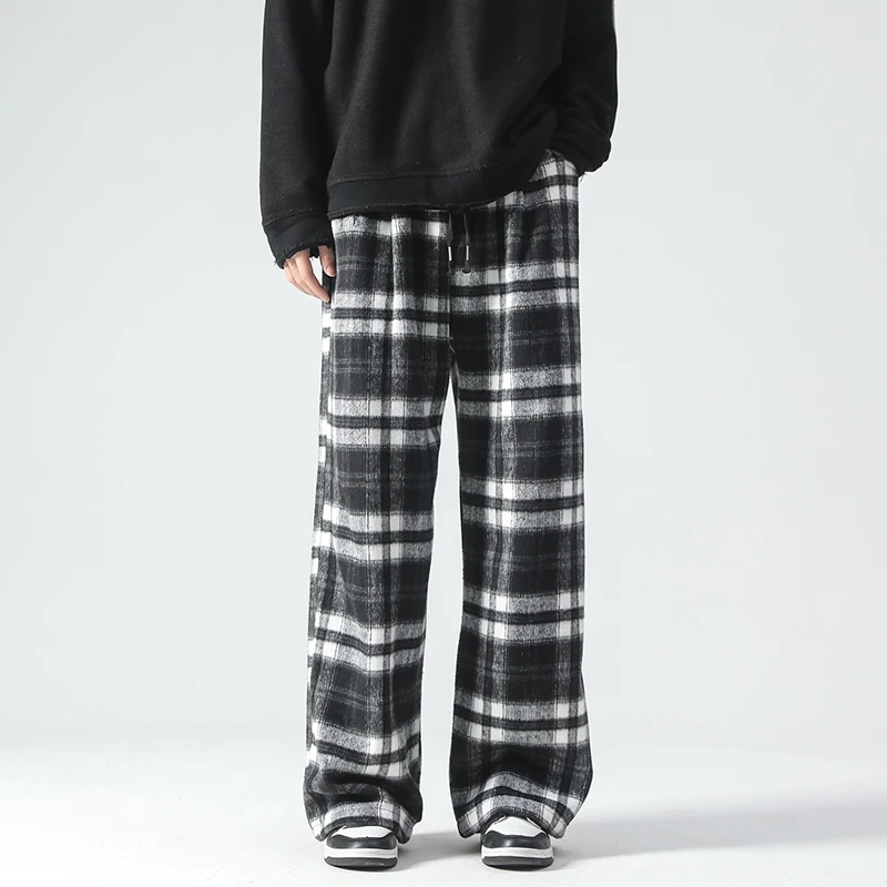 Vintage Color Plaid Pants Men\'s Loose Wide Leg Pants Autumn New Lazy Wind Straight-leg Leisure Trousers Male Jogger Sweatpant