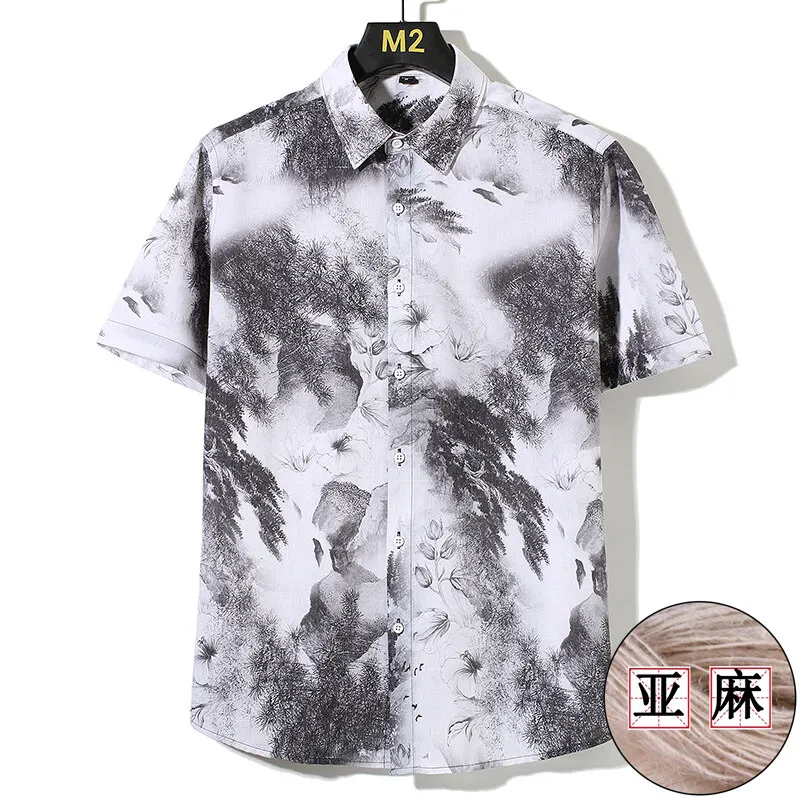 

Polyester Linen Spandex Shirts For Men Short Sleeve Print Casual Summer Quality Soft Comfortable Chinese Style Camisas De Hombre