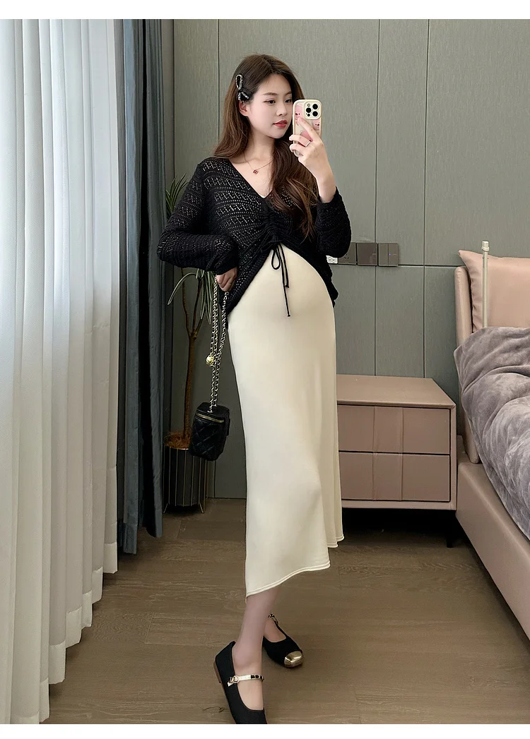 Plus Size Maternity Clothes Set for Summer Long Sleeve Drawstring Lace Top Strap Dress Twinset Fashion Pregnant Woman 2pcs Suits