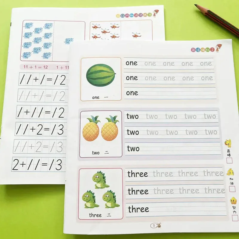 2 ejercicios de seguimiento para niños - Vocabulario en inglés y ejercicios de matemáticas con números - ayuda de escritura para el aprendizaje temprano