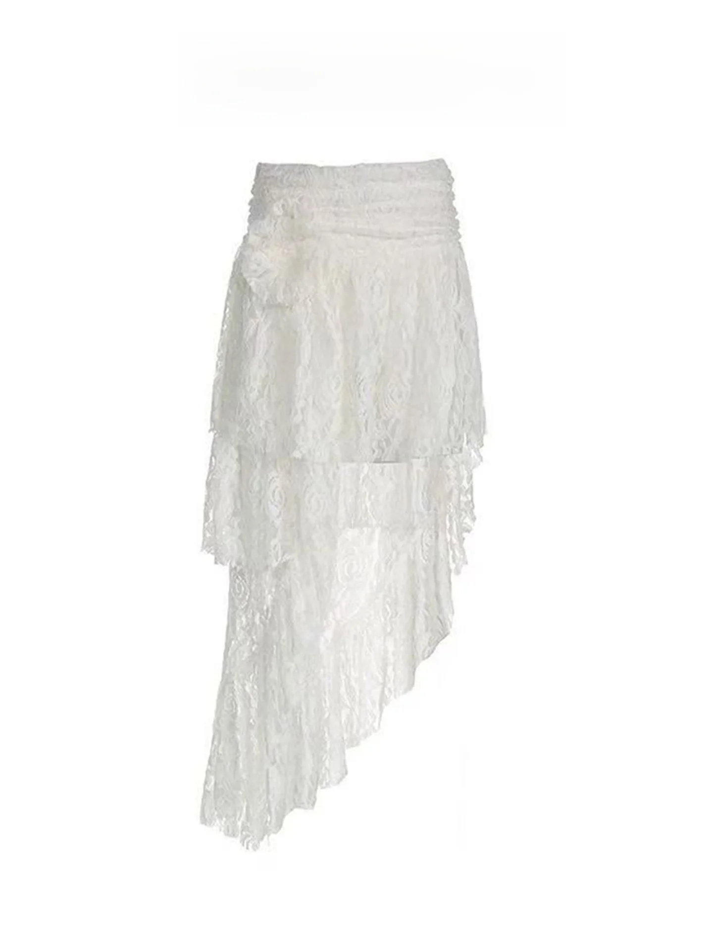 

White Asymmetrical Lace A-Line Midi Skirt Women's Summer Vintage Design Casual High Waist Non-Stretch Zipper Style Inner Lined
