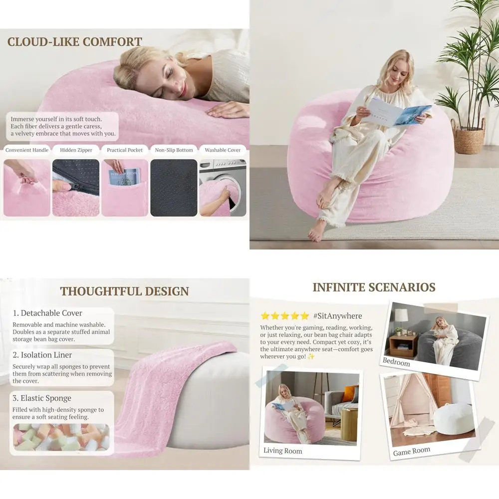 كراسي بين باج فاخرة من إسفنج الذاكرة المخملي للبالغين - كيس فول مريح للبالغين مع غطاء قابل للإزالة لغرفة المعيشة وغرفة النوم باللون الوردي #1