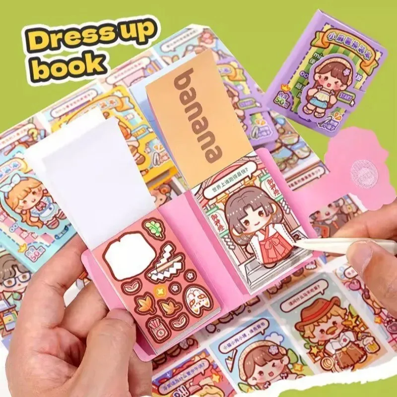 Cute Mini Cartoon Dress-Up Sticker Book with Tweezer DIY 50 Sheets Outfit Sticker Pocket Dress Up Aesthetic Journal Scrapbooking