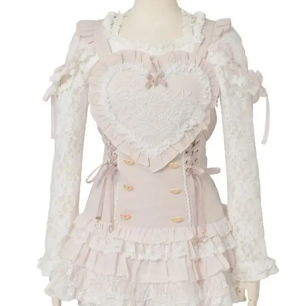 Japanese Sweet Y2K Lolita 2 Piece Set Women Slim Lace Heart Embroidery Suspender Dress + Mini Skirt Cute Kawaii Fashion Outfit