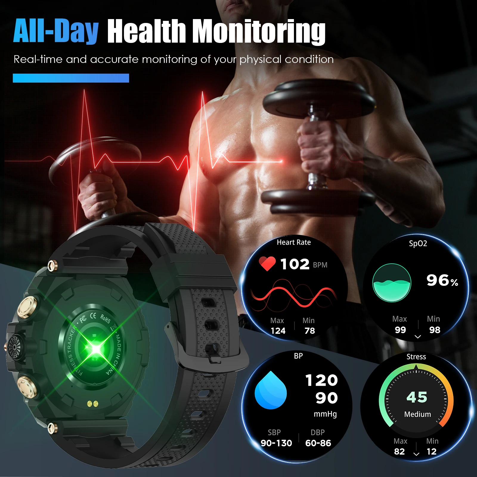 EIGIIS New Smart Watches for Men 800mAh Rugged Activity 120+ Sports Modes Heart Rate Sleep Monitor,  Compatible with Android iOS