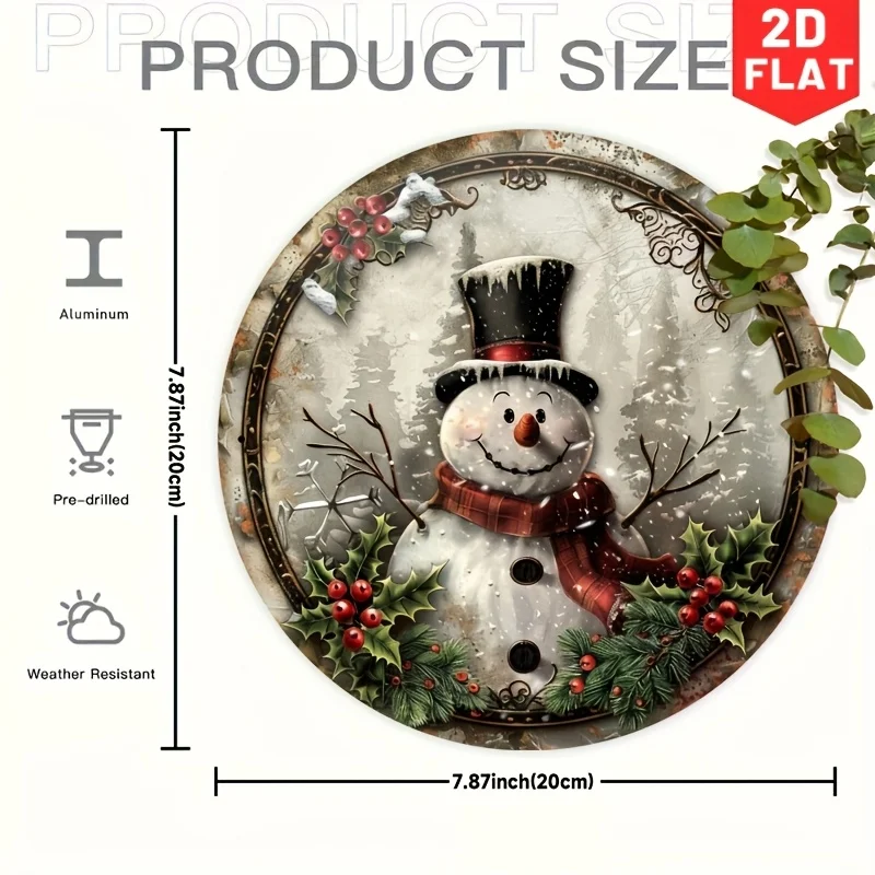 2D Flat, 2D Flat Snowman Round Aluminium Vintage Tin Sign, Christmas Indoor Outdoor Decorative Sign, Home, Cafe, Apartment, Rest