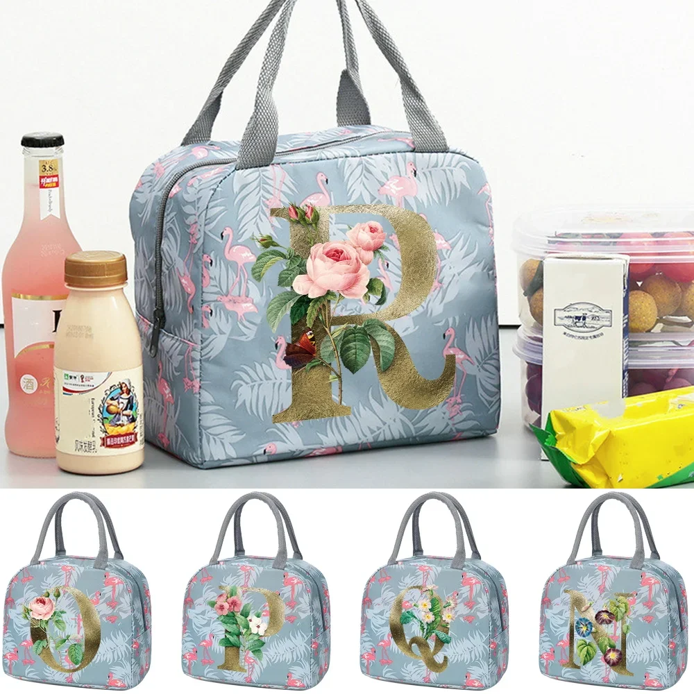 Insulated Lunch Bag Portable Waterproof Lunch Box Bento Pouch Dinner Thermal Bag Student Thickened Golden Flower Picnic Bag