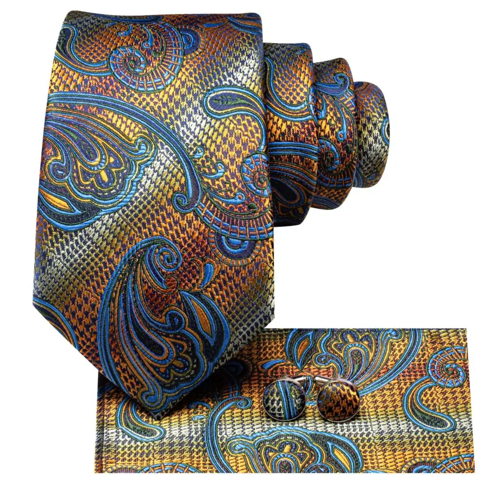 Paisley Blue Orange Silk Tie For Men Handky Cufflink Gift Mens Necktie Fashion Business Party Wedding Dropshiping Hi-Tie Design