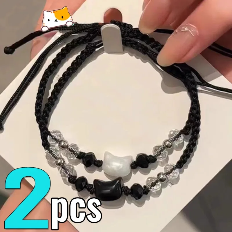 Bracelet chat noir et blanc réglable, pierre de lune coréenne, obsidienne, pour Couple, minimaliste, bijoux de fête, cadeau japonais