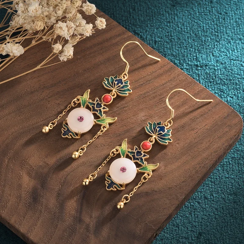 

White Jade Donut Earrings Talismans Natural Vintage Fashion Gift Gifts Stone Charms Amulets Jewelry Women Gemstones 925 Silver